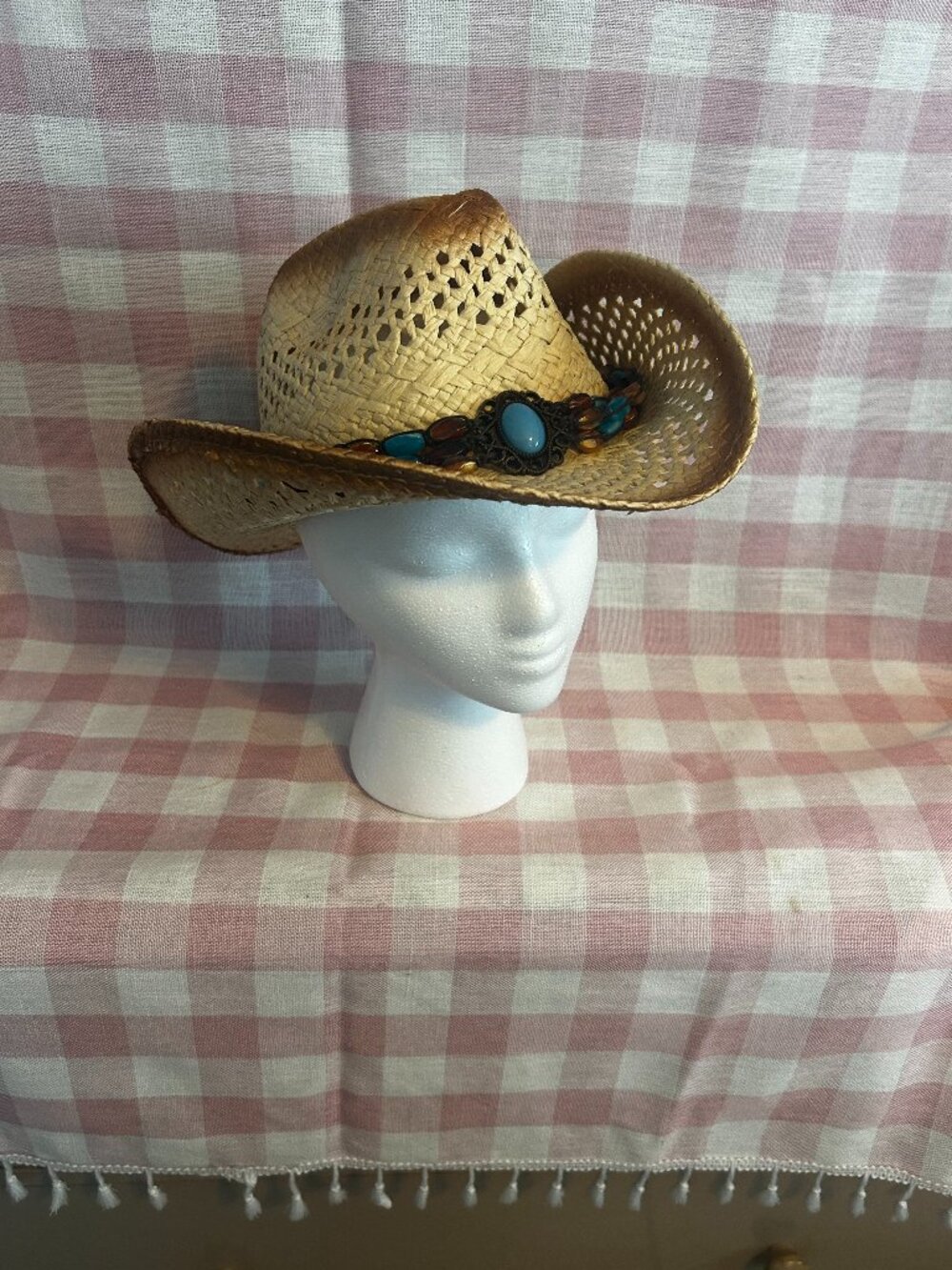 . Straw Cowboy Hat with Turquoise Beaded Band – New Without Tags